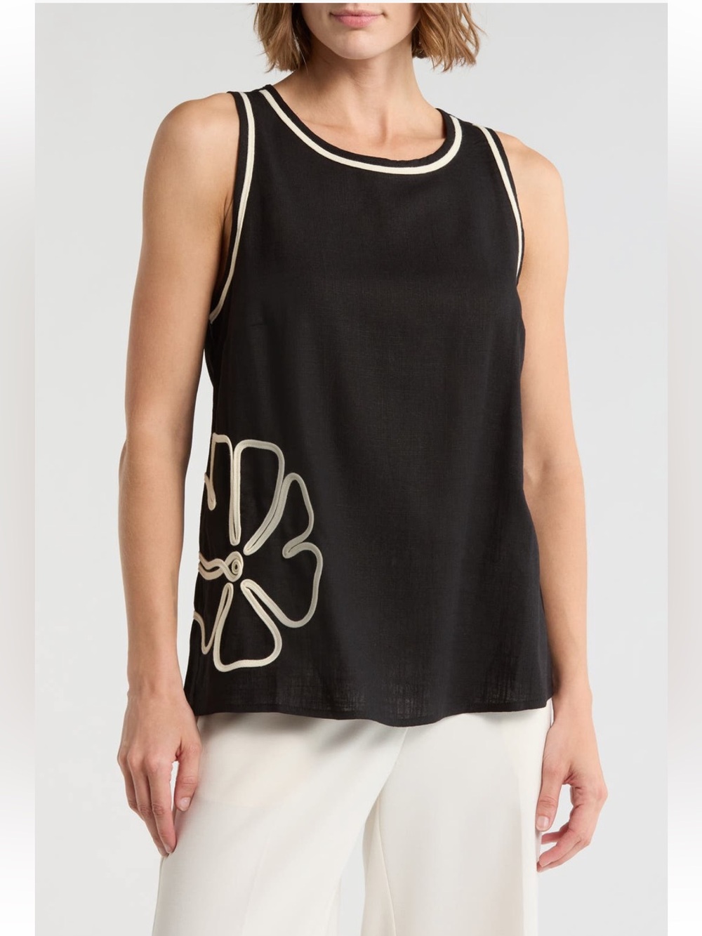 Vince Camuto Black and Bloom Sleeveless Linen Top Medium NWT